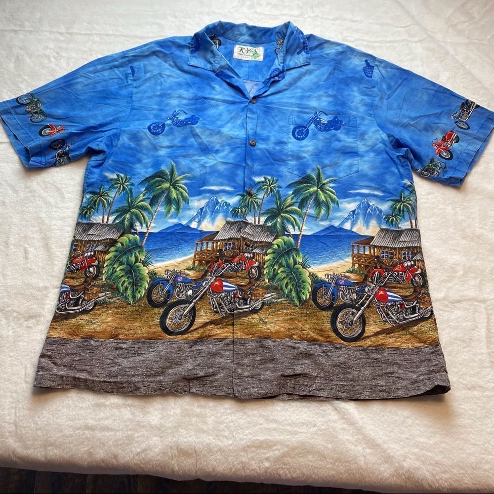 KY’s Made in Hawaii Short Sleeve Button Down Palm Trees and Motorcycle Shirt